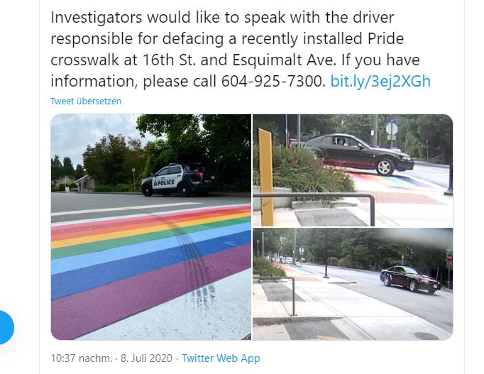 Polizei ermittelt wegen Beschädigung von „Homo-Regenbogen-Zebrastreifen“!