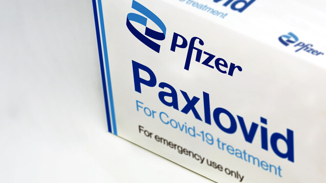 Pfizer Covid-19 Paxlovid treatment box isolated on a white backg